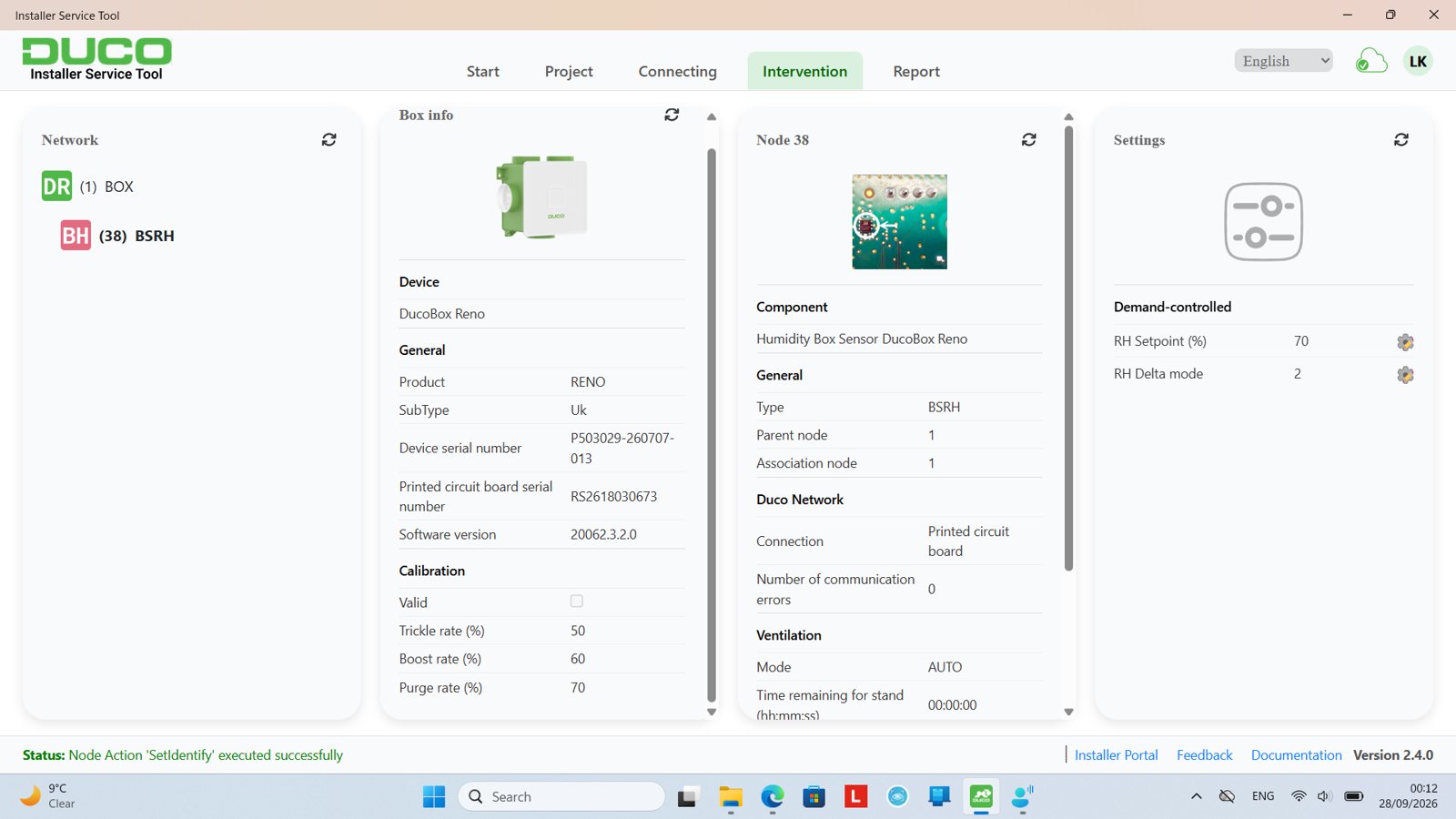 Duco Installer Service Tool showing sensor settings
