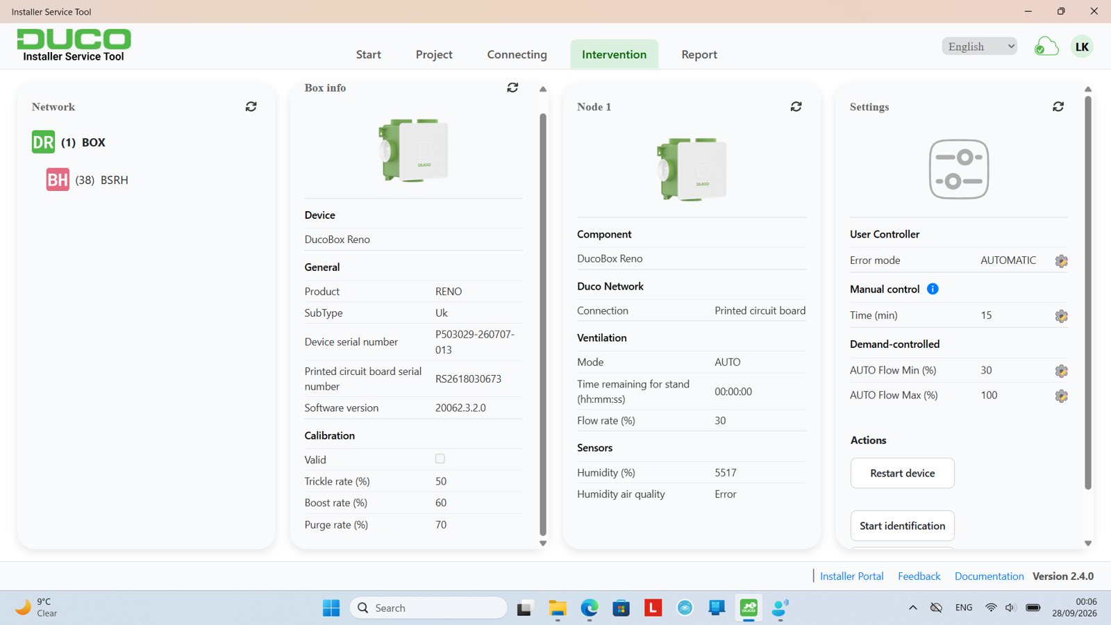 Duco Installer Service Tool showing unit settings