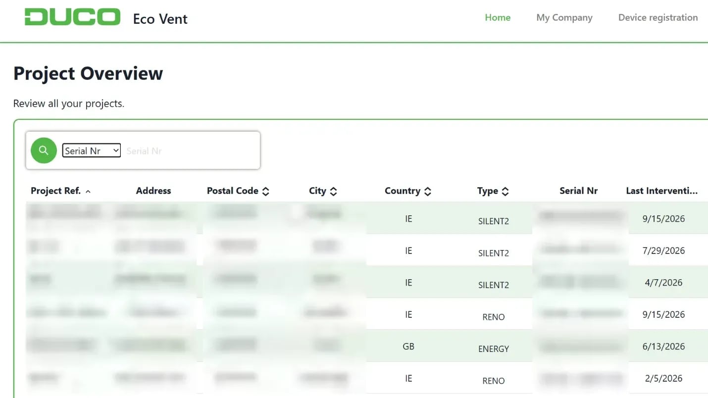 DUCO DucoBox Focus: Demand-Controlled Ventilation Explained - Eco Vent Ireland DUCO Installer Portal project overview for Eco Vent with registered DucoBox units, customer details hidden