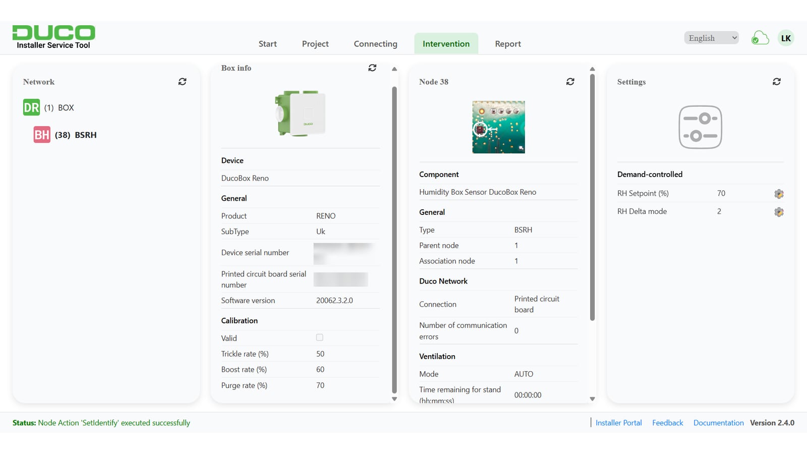 DUCO DucoBox Focus: Demand-Controlled Ventilation Explained - Eco Vent Ireland DUCO Installer Service Tool screen showing the DucoBox Reno humidity sensor and demand-controlled settings