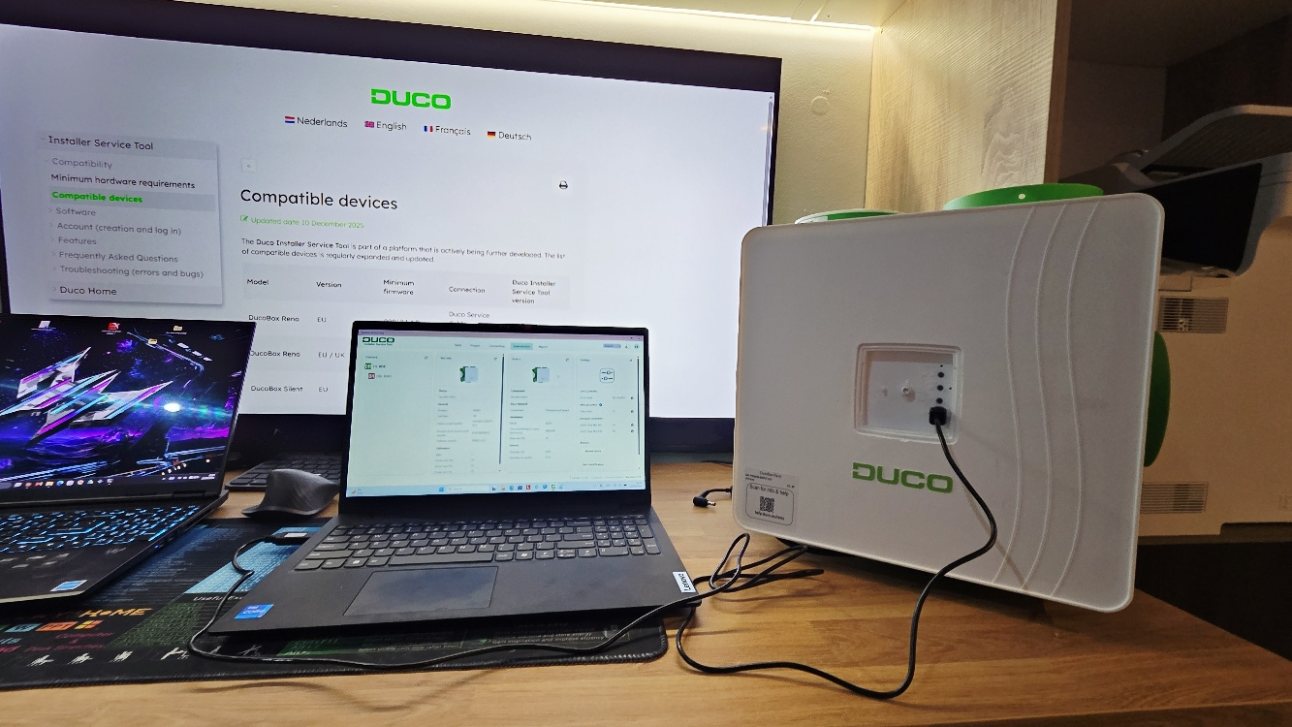 DucoBox connected to a laptop for testing before fitting