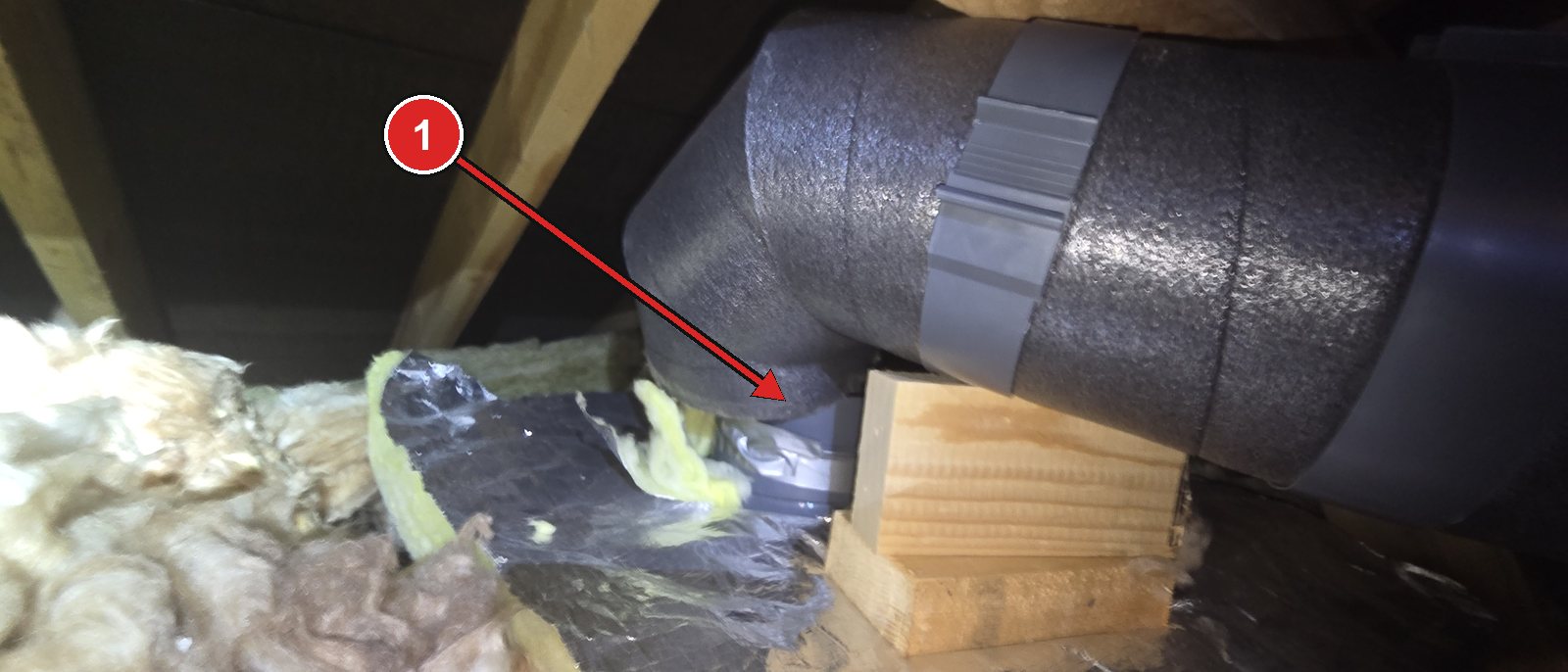Pre-insulated duct bend pulled off its spigot in the attic