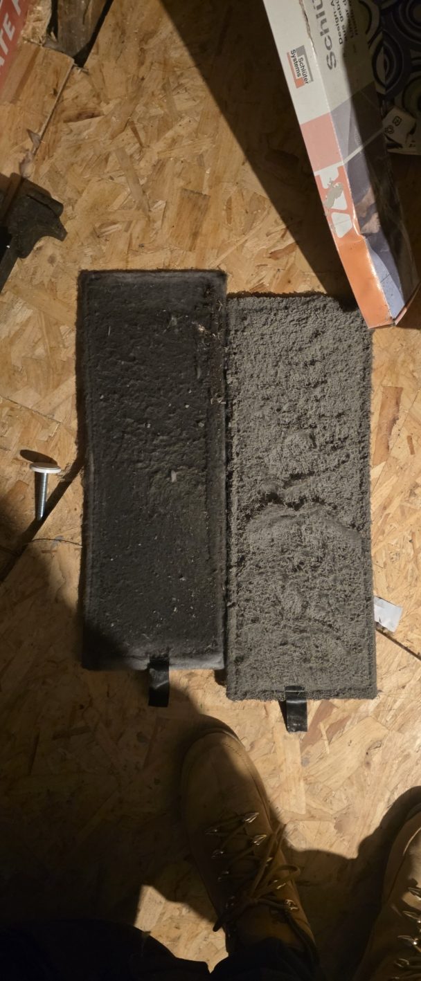 Clogged MVHR filters taken out of a unit at a service visit